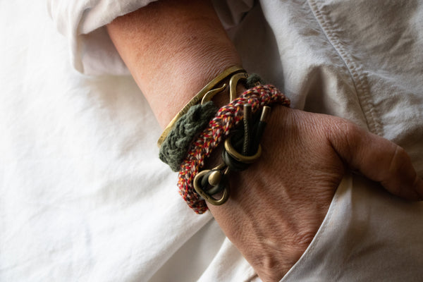 Braided Rope S Hook Double Wrap Bracelet Antique Brass / Navy/White Stripe / Large - 16