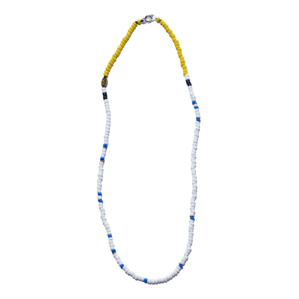 African Seed Bead Necklace Yellow, White, Blue u0026 Black