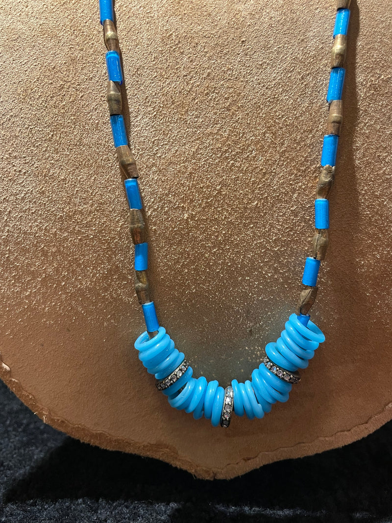 Vintage sky blue beads and brass necklace