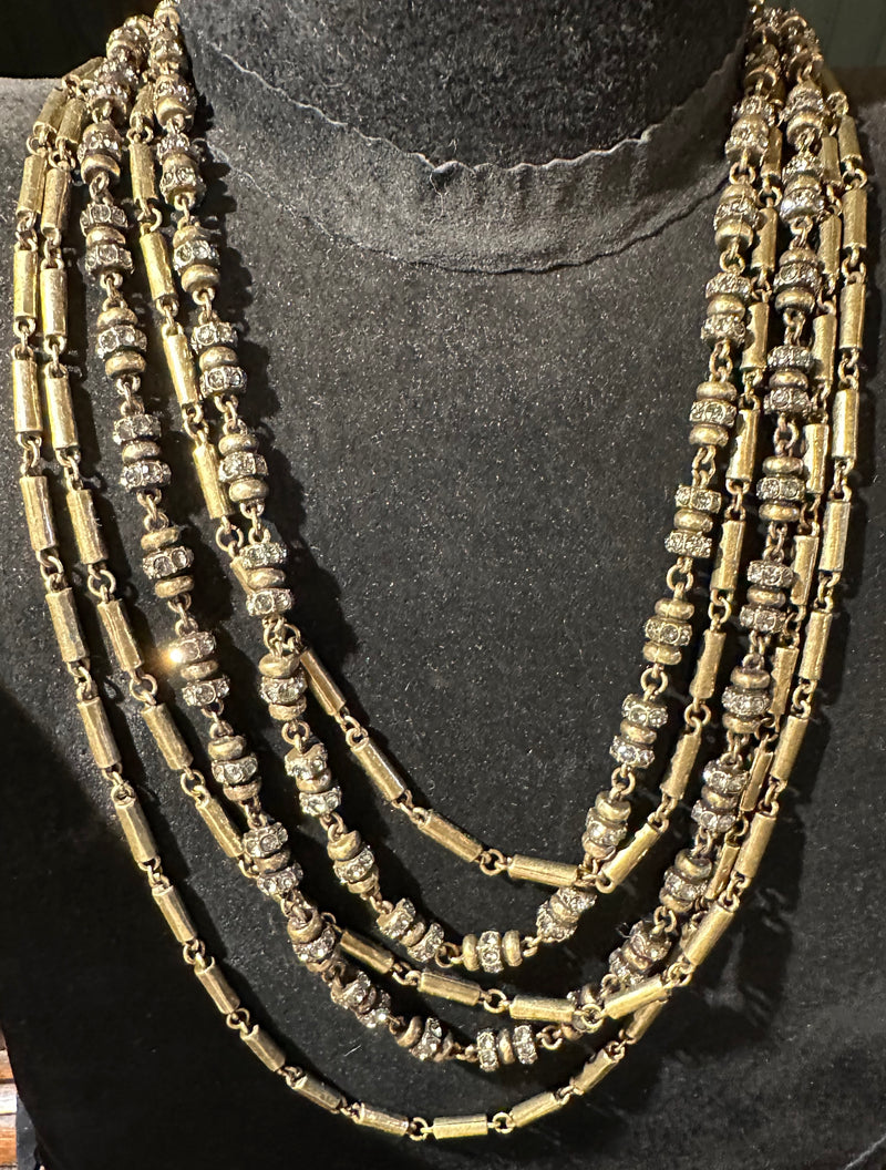 Multi- chain Rhinestone & Brass Necklace