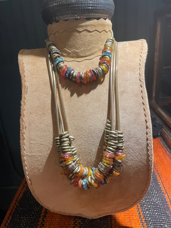 Vintage colored  glass beads  with brass snake chain