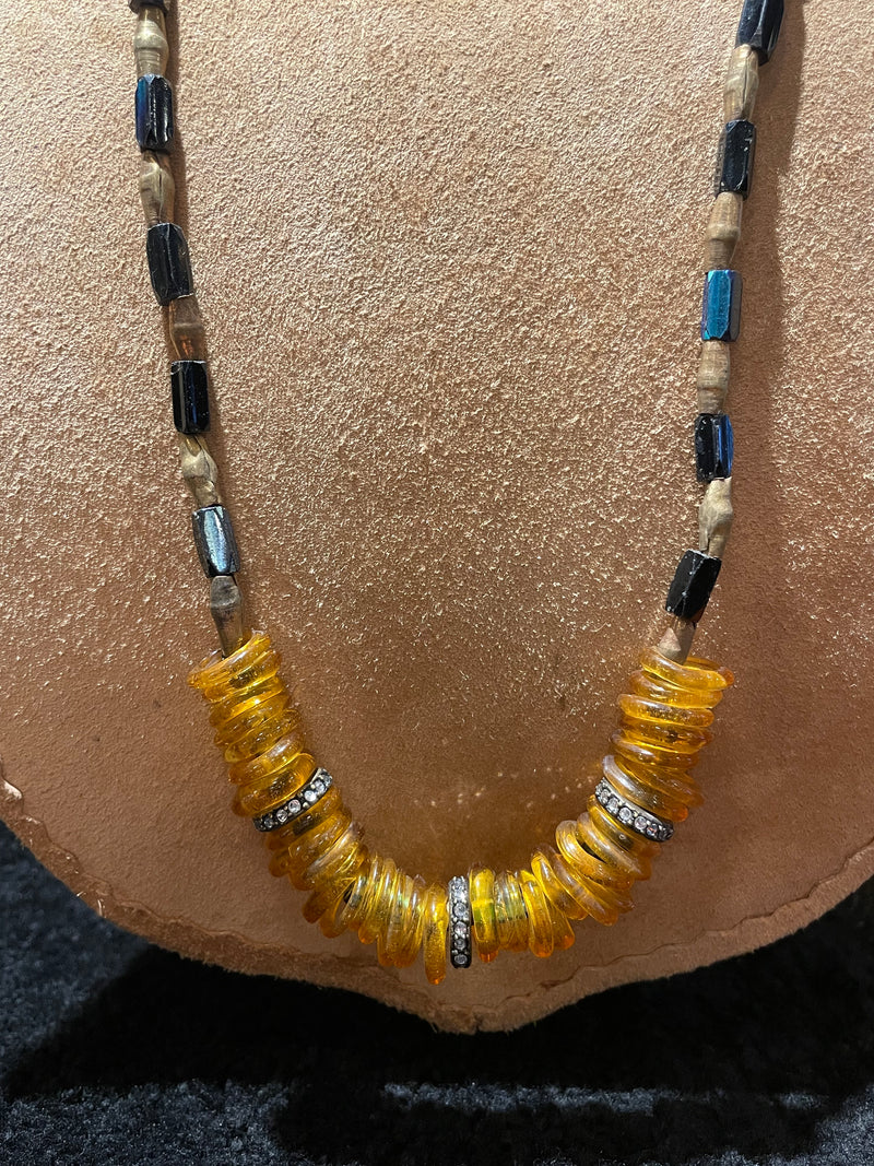 Long Vintage Amber & Blue glass bead necklace