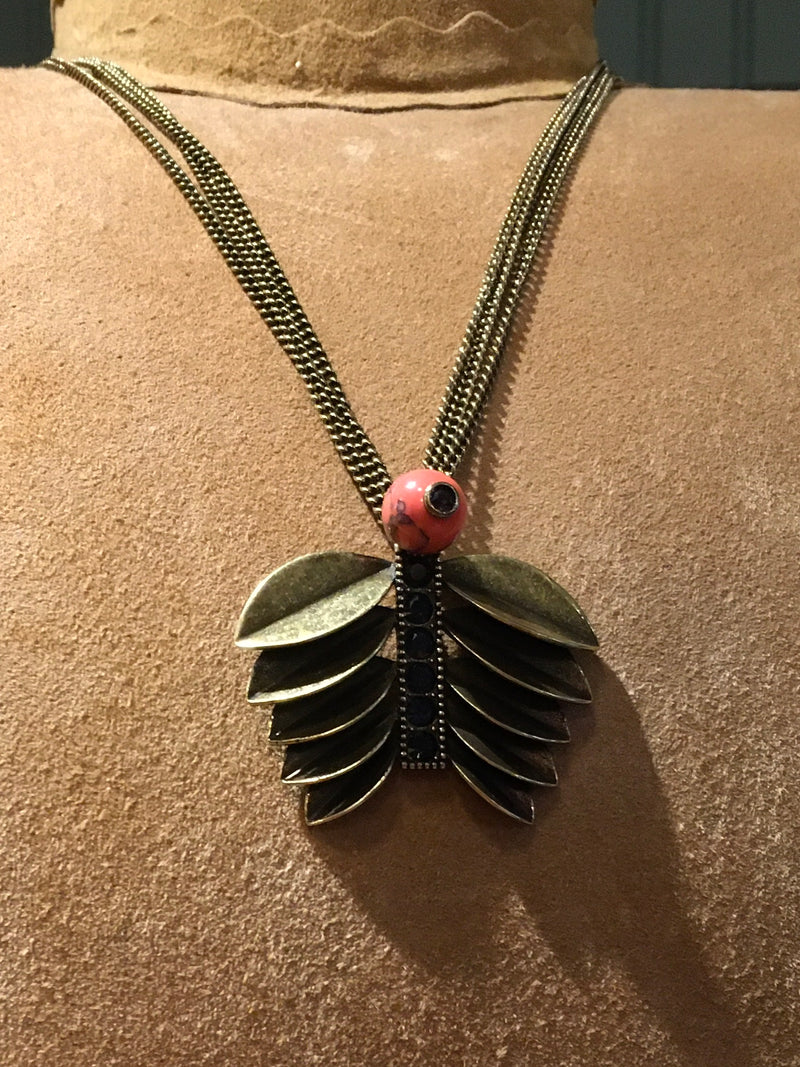 Flutter fringe 30” necklace w/black rhinestones and coral stone